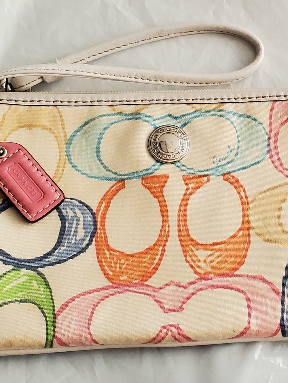 Coach Cream Multicolor Sketch C Logo Wristlet with Pink Tag